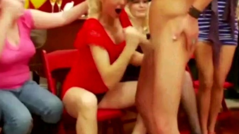 Eager slut sucks of a stripper infront of friends