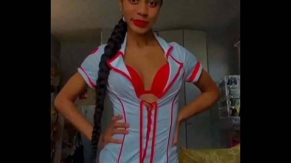 Mixed Ebony Nurse Strip and Plays with Herself