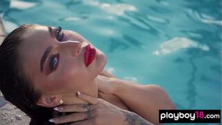Glamorous all natural Emjay Rinaudo stripped and posed by the pool outdoor
