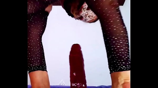 Anal close-up, riding red dildo