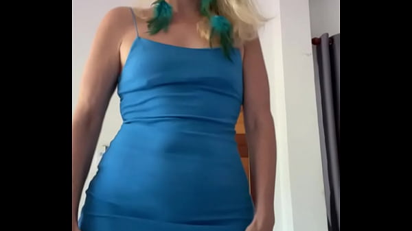 Sexy blond in blue dress show off her tits.